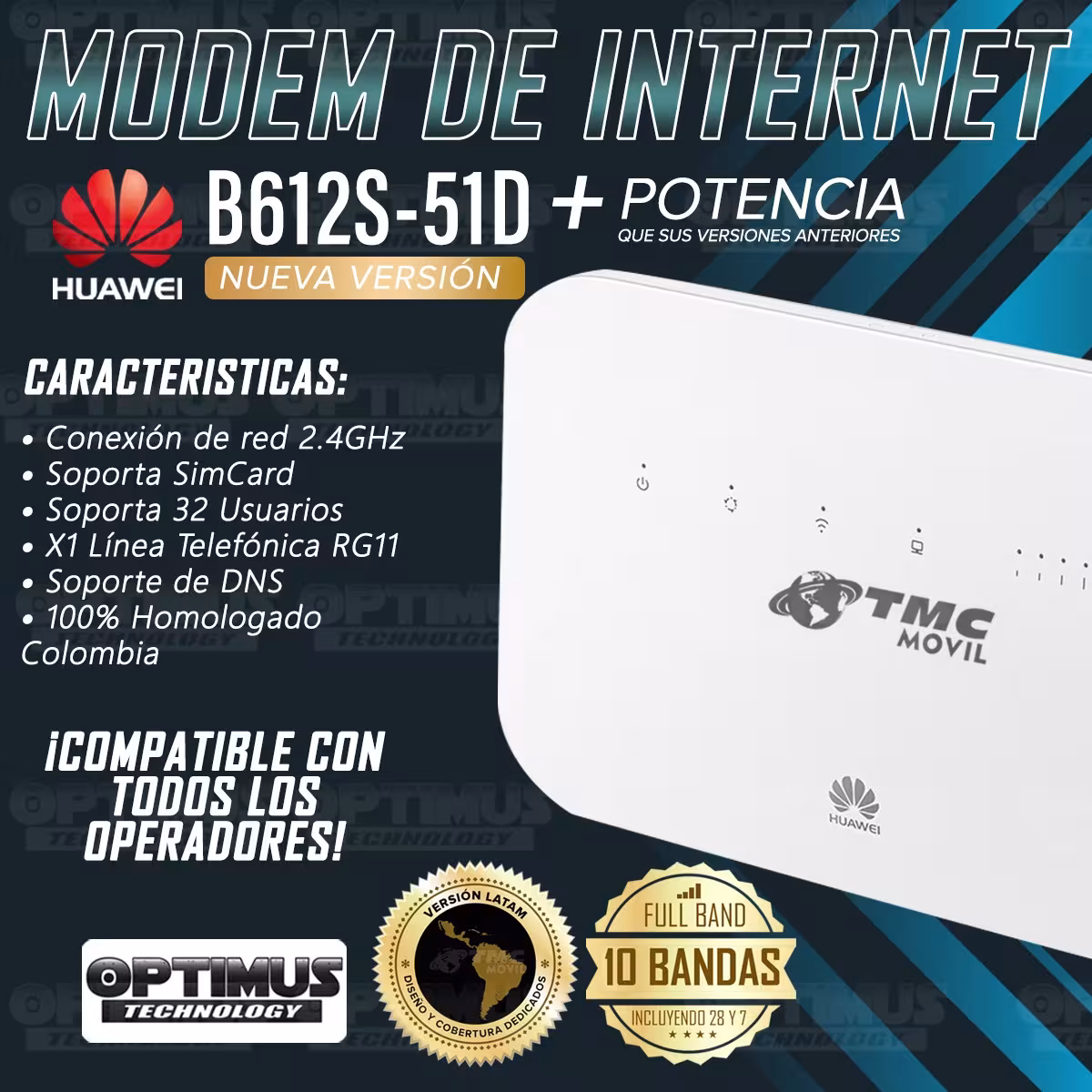 Modem de Internet Wifi 4GLTE Enrutador HUAWEI B612S-51D (Compatible 4.5G) Frecuencia 700MHz Bandas 7 y 28