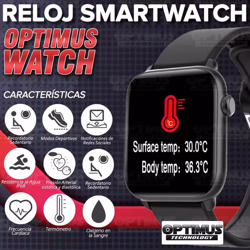 Smartwatch Reloj Inteligente OPTIMUS WATCH™ (KW37 PRO) Mide Temperatura Presión Arterial y Ritmo Cardíaco OPTIMUS TECHNOLOGY™ -