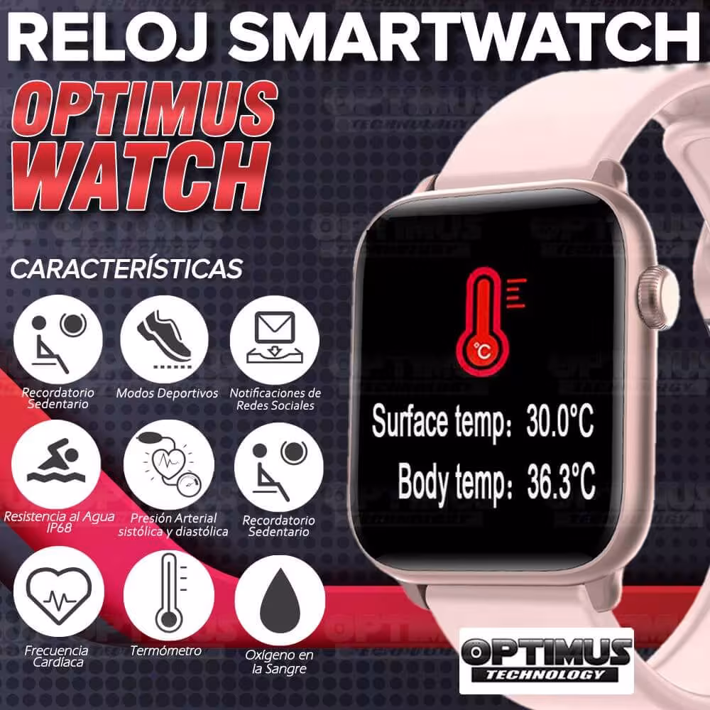 Smartwatch Reloj Inteligente OPTIMUS WATCH™ (KW37 PRO) Mide Temperatura Presión Arterial y Ritmo Cardíaco OPTIMUS TECHNOLOGY™ -