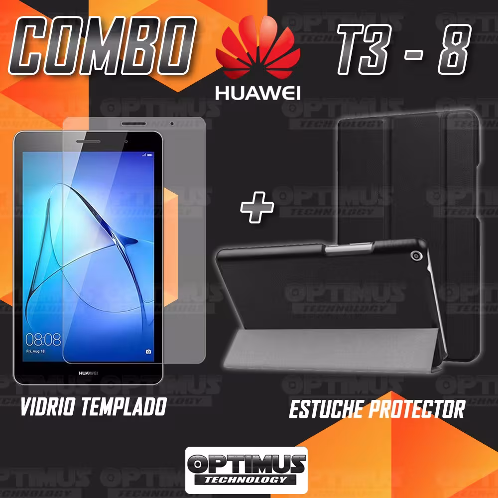 Kit Vidrio Templado y Estuche Case Acrílico y Sintético Tablet Huawei T3 8 KOB-W09 | OPTIMUS TECHNOLOGY™ | KT-VTP-EST-HW-T3-8 |