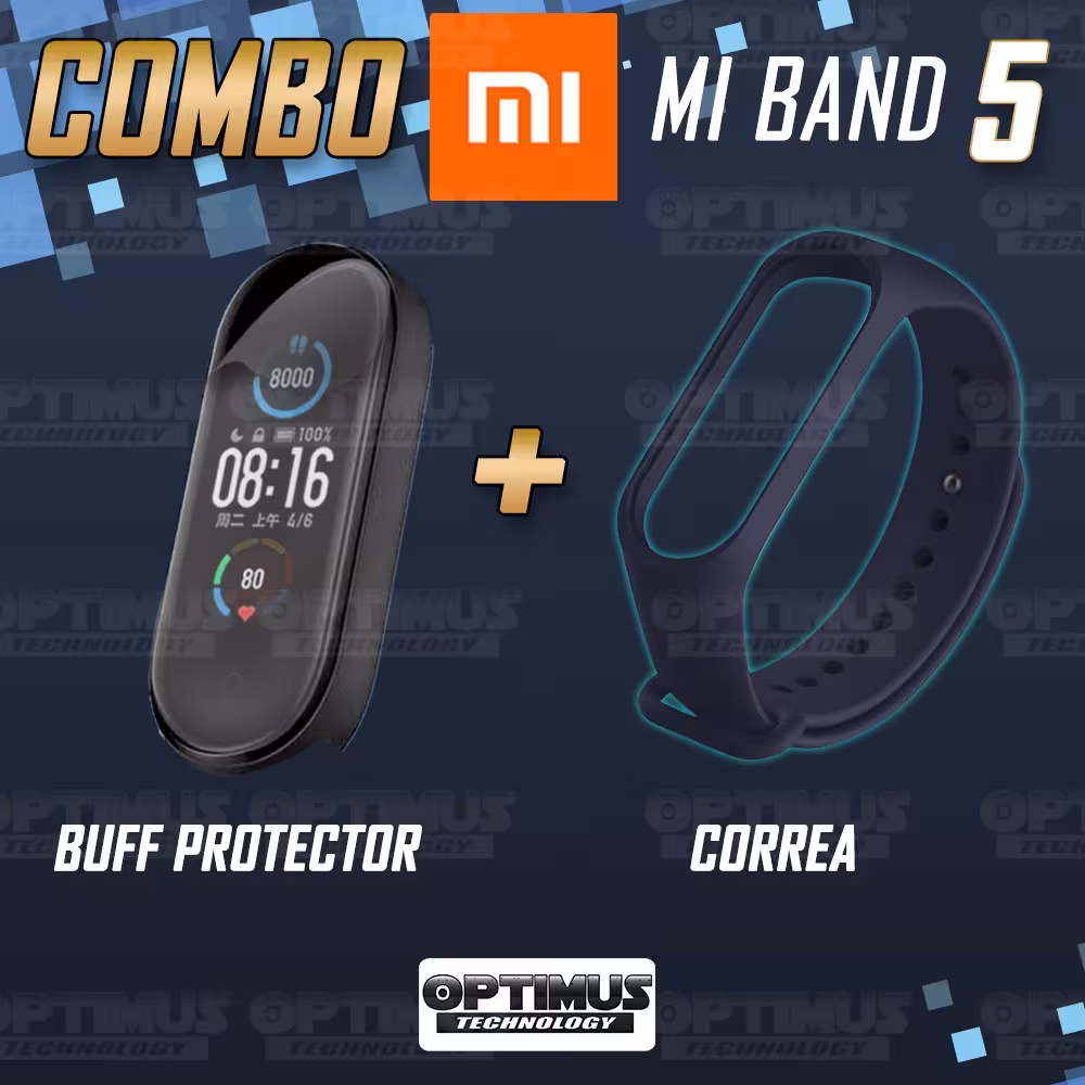 Kit Correa Banda y Buff Screen Protector de Reloj inteligente Xiaomi Mi band 5 | OPTIMUS TECHNOLOGY™ | CRR-BFF-XMI-MB-5 |