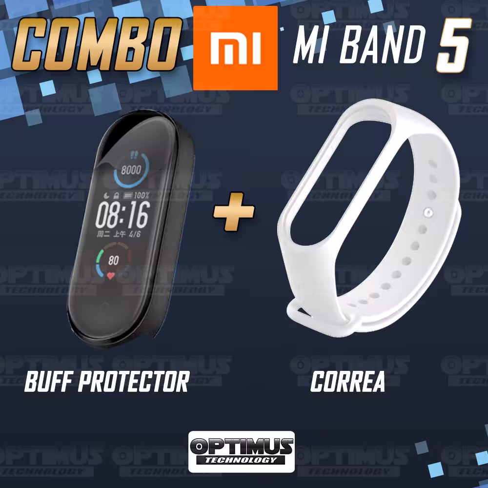 Kit Correa Banda y Buff Screen Protector de Reloj inteligente Xiaomi Mi band 5 | OPTIMUS TECHNOLOGY™ | CRR-BFF-XMI-MB-5 |