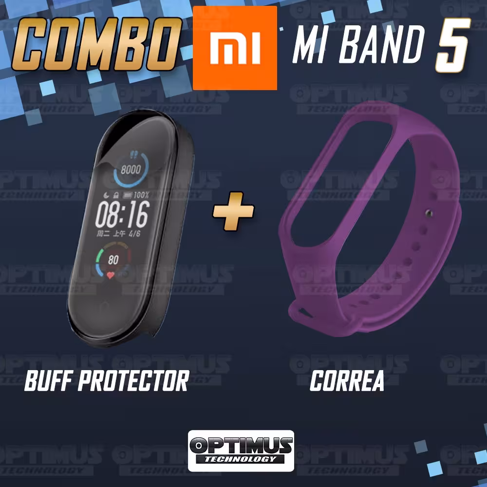 Kit Correa Banda y Buff Screen Protector de Reloj inteligente Xiaomi Mi band 5 | OPTIMUS TECHNOLOGY™ | CRR-BFF-XMI-MB-5 |