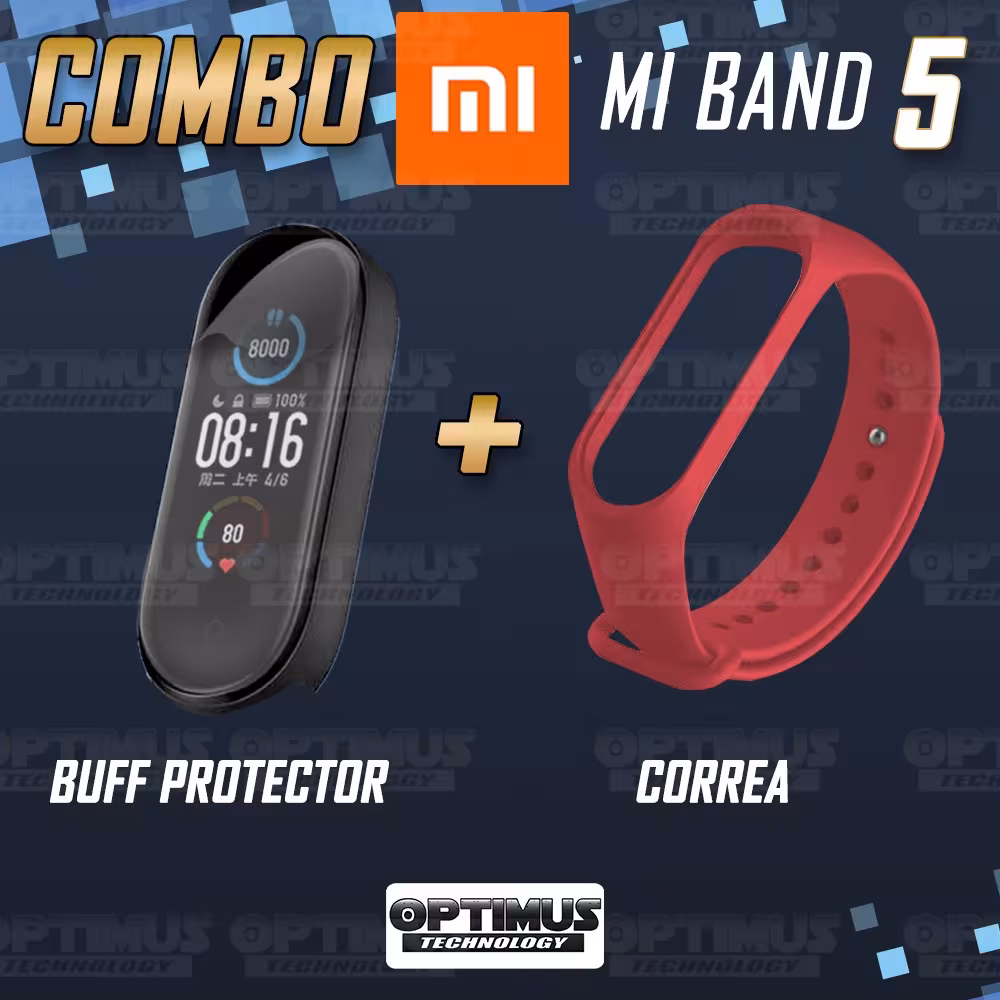 Kit Correa Banda y Buff Screen Protector de Reloj inteligente Xiaomi Mi band 5 | OPTIMUS TECHNOLOGY™ | CRR-BFF-XMI-MB-5 |