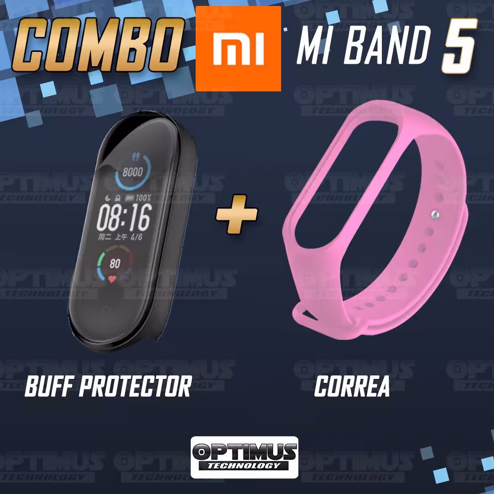 Kit Correa Banda y Buff Screen Protector de Reloj inteligente Xiaomi Mi band 5 | OPTIMUS TECHNOLOGY™ | CRR-BFF-XMI-MB-5 |