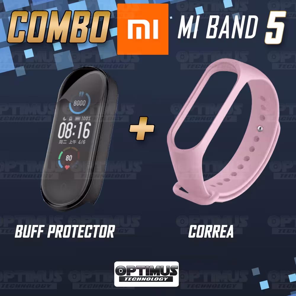 Kit Correa Banda y Buff Screen Protector de Reloj inteligente Xiaomi Mi band 5 | OPTIMUS TECHNOLOGY™ | CRR-BFF-XMI-MB-5 |