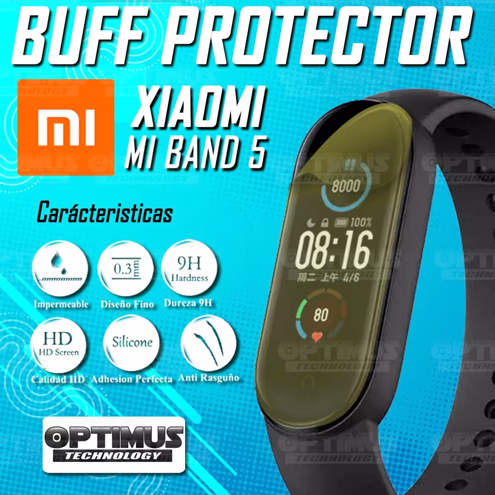 Kit Correa Banda y Buff Screen Protector de Reloj inteligente Xiaomi Mi band 5 | OPTIMUS TECHNOLOGY™ | CRR-BFF-XMI-MB-5 |