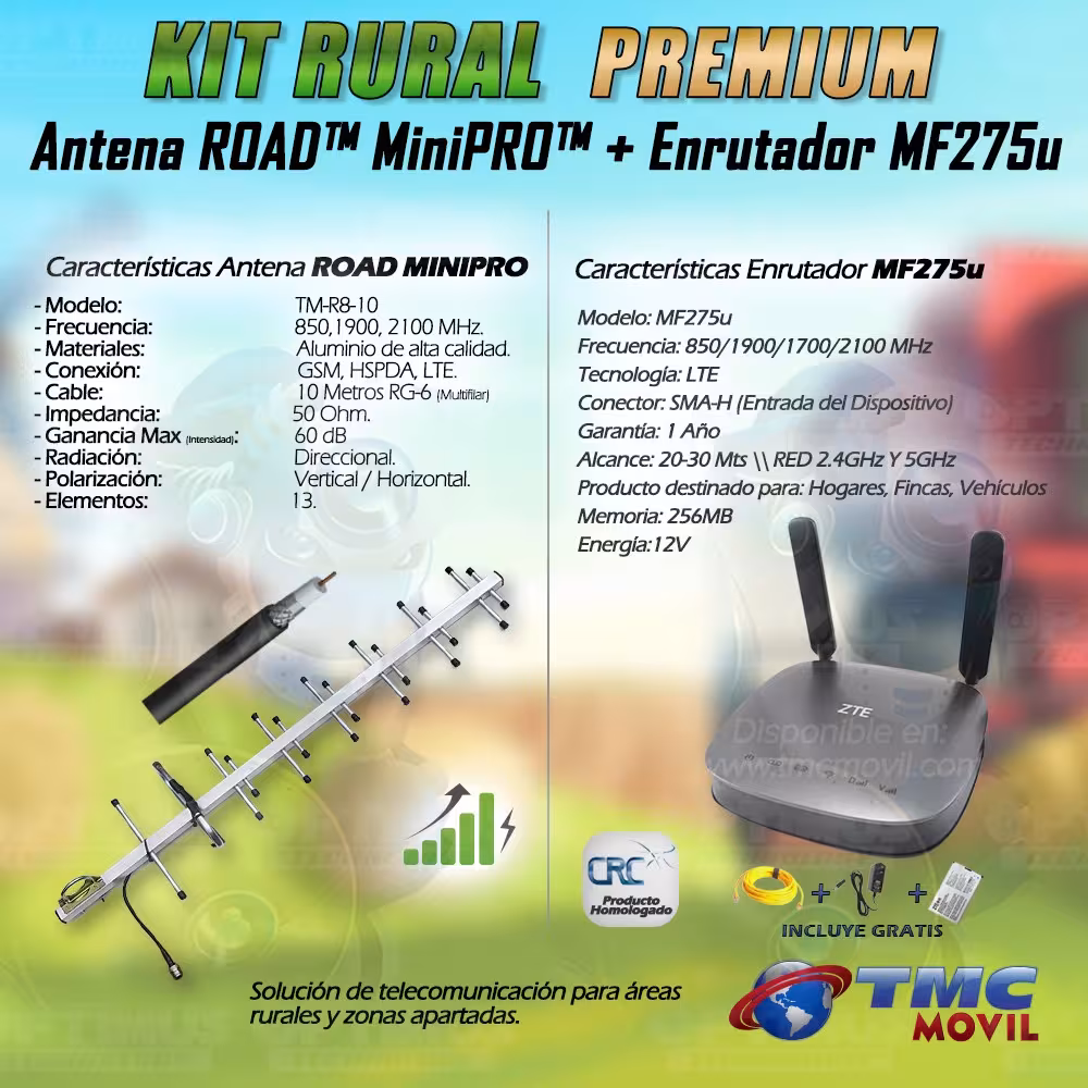 KIT Antena Amplificadora De Señal Road MiniPRO 60 Db Con Enrutador Modem ZTE MF275u | ZTE COLOMBIA | KT-RMP60-MF275U |