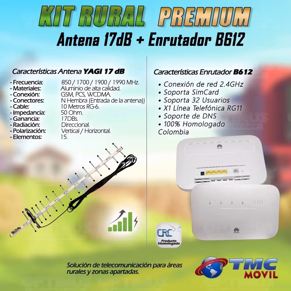 KIT Antena Amplificadora De Señal Yagi 17 Db Con Modem Enrutador Huawei B612 | HUAWEI COLOMBIA | KT-YG17-B612 |