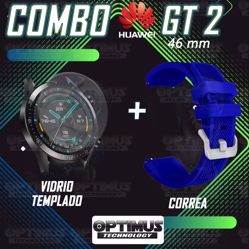 Kit Correa Pulso Manilla de Goma Y Vidrio Templado Huawei Gt 2 46mm | OPTIMUS TECHNOLOGY™ | CRRY-VTP-HW-GT2-46 |
