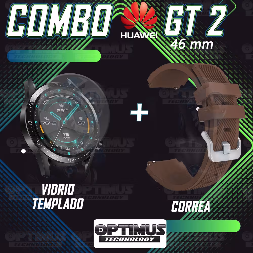 Kit Correa Pulso Manilla de Goma Y Vidrio Templado Huawei Gt 2 46mm | OPTIMUS TECHNOLOGY™ | CRRY-VTP-HW-GT2-46 |