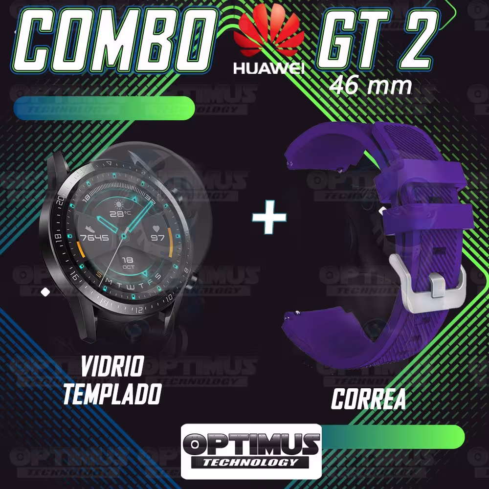 Kit Correa Pulso Manilla de Goma Y Vidrio Templado Huawei Gt 2 46mm | OPTIMUS TECHNOLOGY™ | CRRY-VTP-HW-GT2-46 |