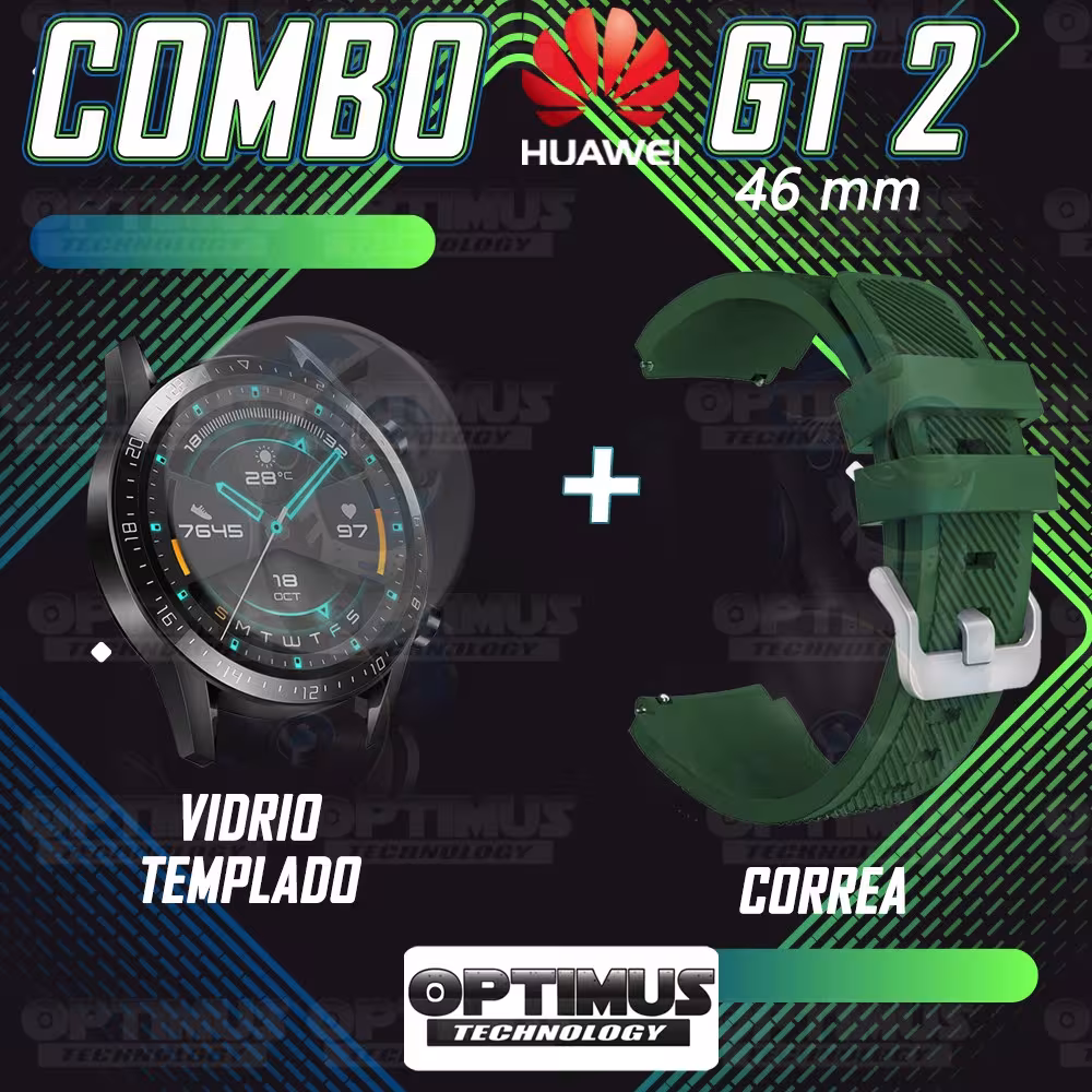 Kit Correa Pulso Manilla de Goma Y Vidrio Templado Huawei Gt 2 46mm | OPTIMUS TECHNOLOGY™ | CRRY-VTP-HW-GT2-46 |