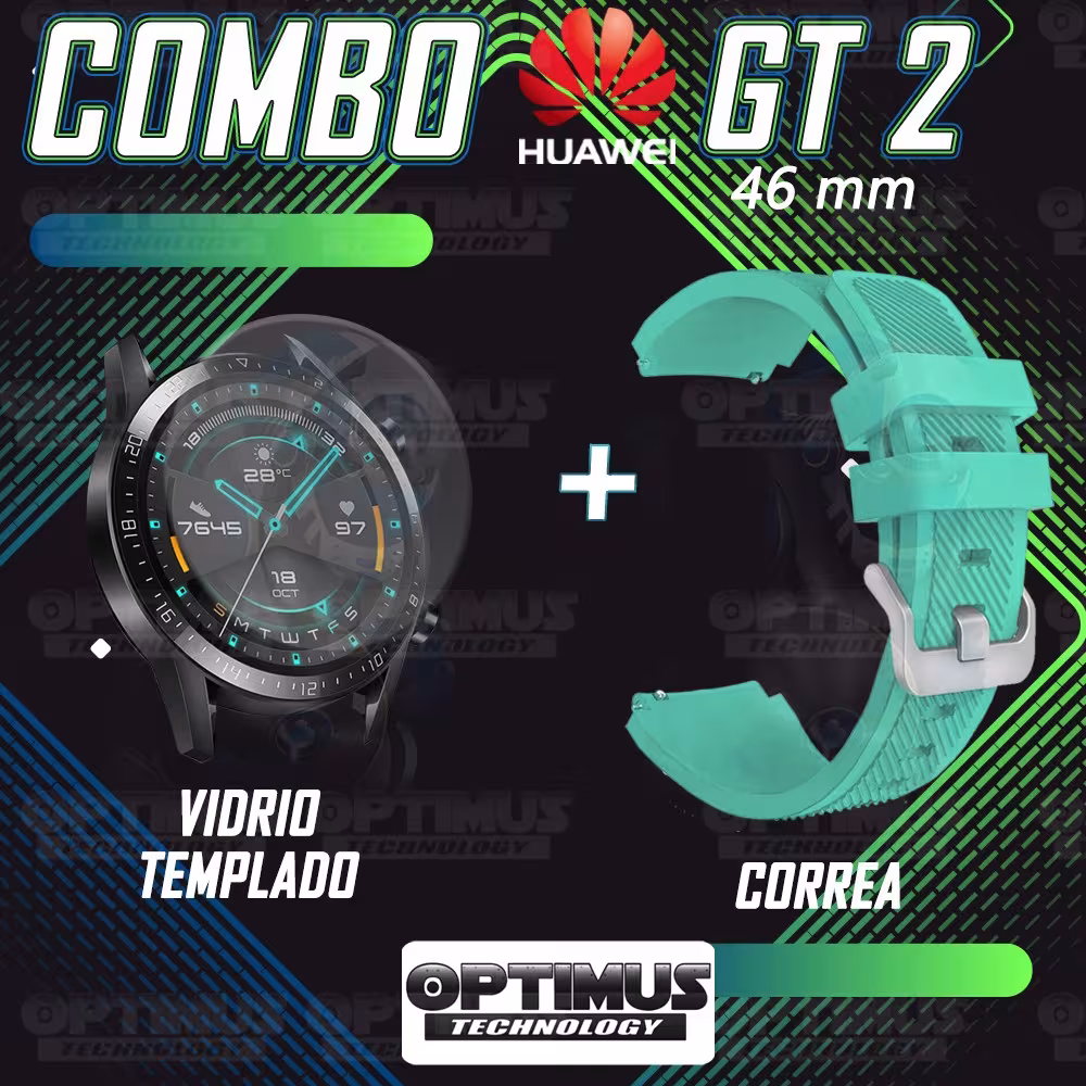 Kit Correa Pulso Manilla de Goma Y Vidrio Templado Huawei Gt 2 46mm | OPTIMUS TECHNOLOGY™ | CRRY-VTP-HW-GT2-46 |