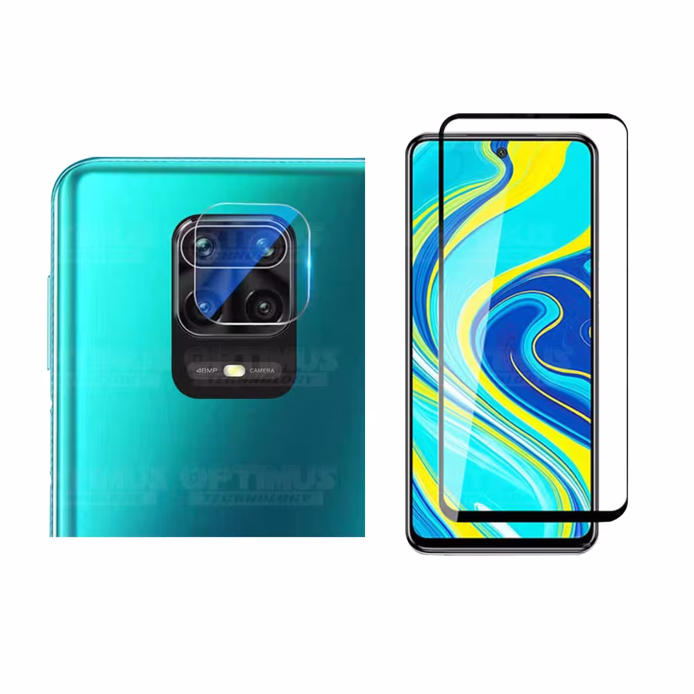 Combo Vidrio templado de Pantalla + Cristal Cerámico Nanoglass de cámara para celular Xiaomi Redmi Note 9s OPTIMUS TECHNOLOGY™ -