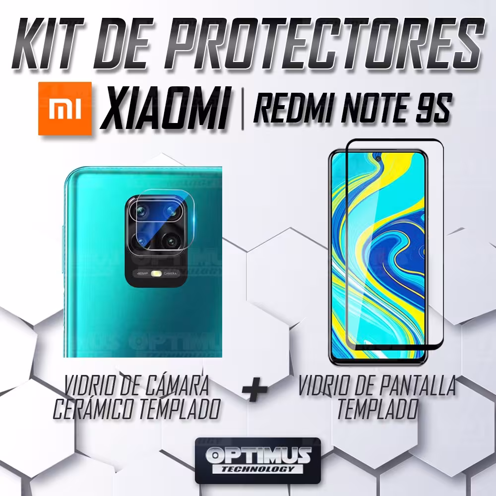 Combo Vidrio templado de Pantalla + Cristal Cerámico Nanoglass de cámara para celular Xiaomi Redmi Note 9s OPTIMUS TECHNOLOGY™ -
