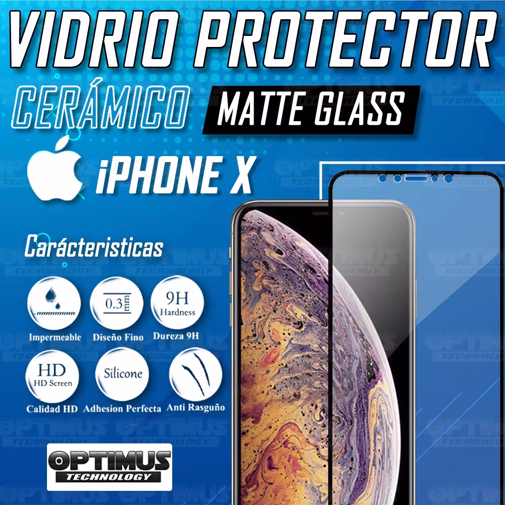 Vidrio Templado Protector Cerámico Matte Glass celular iPhone X Antihuella | OPTIMUS TECHNOLOGY™ | VTP-CR-MT-IPH-X |