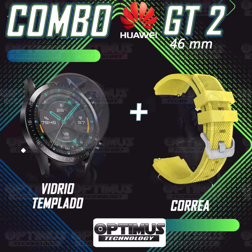 Kit Correa Pulso Manilla de Goma Y Vidrio Templado Huawei Gt 2 46mm | OPTIMUS TECHNOLOGY™ | CRRY-VTP-HW-GT2-46 |