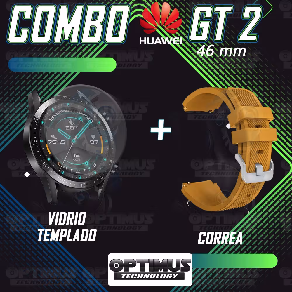 Kit Correa Pulso Manilla de Goma Y Vidrio Templado Huawei Gt 2 46mm | OPTIMUS TECHNOLOGY™ | CRRY-VTP-HW-GT2-46 |