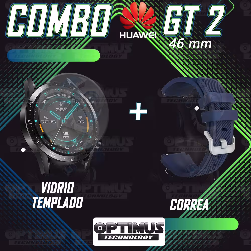 Kit Correa Pulso Manilla de Goma Y Vidrio Templado Huawei Gt 2 46mm | OPTIMUS TECHNOLOGY™ | CRRY-VTP-HW-GT2-46 |
