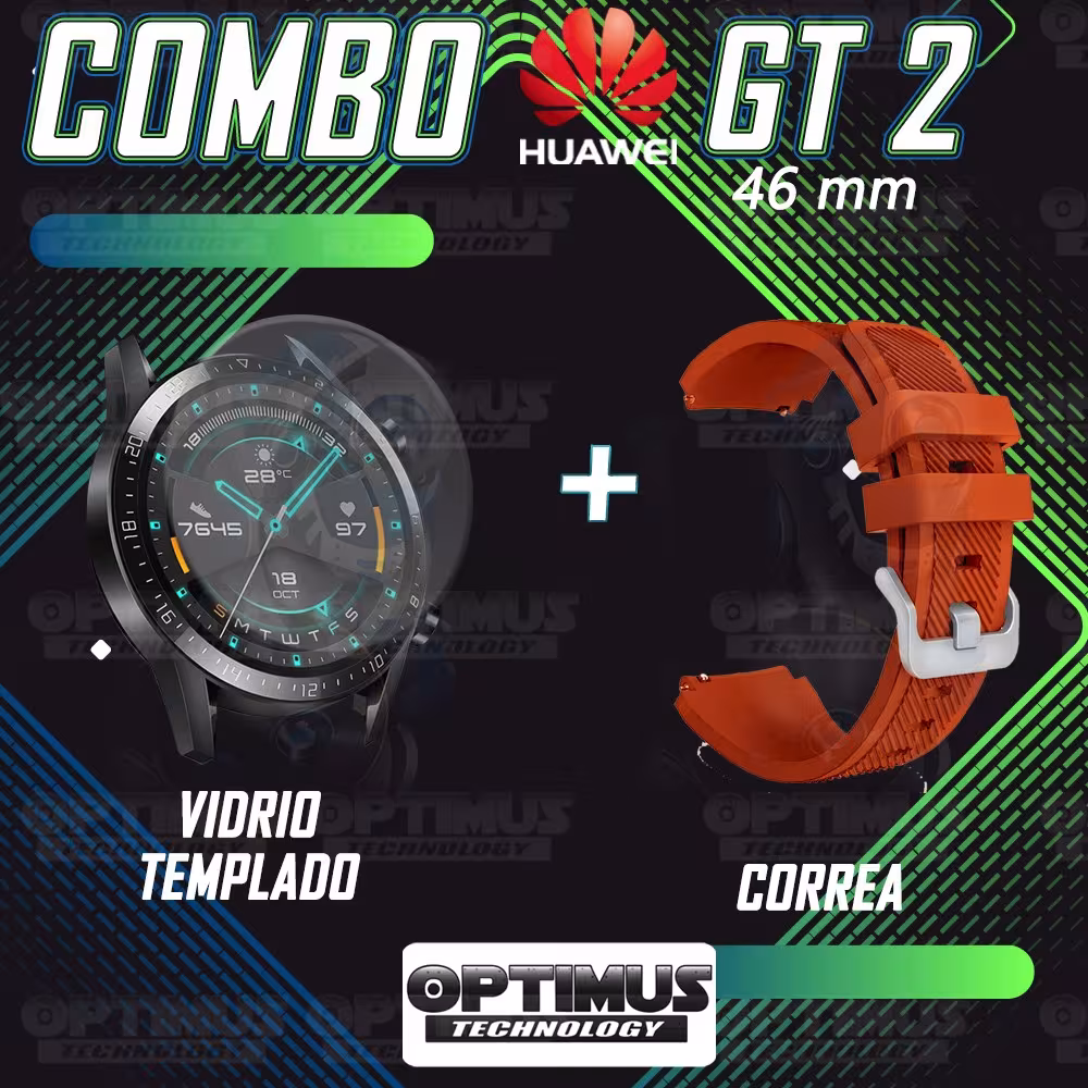 Kit Correa Pulso Manilla de Goma Y Vidrio Templado Huawei Gt 2 46mm | OPTIMUS TECHNOLOGY™ | CRRY-VTP-HW-GT2-46 |