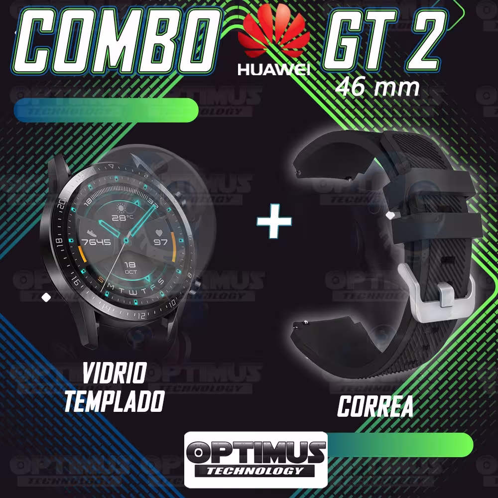Kit Correa Pulso Manilla de Goma Y Vidrio Templado Huawei Gt 2 46mm | OPTIMUS TECHNOLOGY™ | CRRY-VTP-HW-GT2-46 |