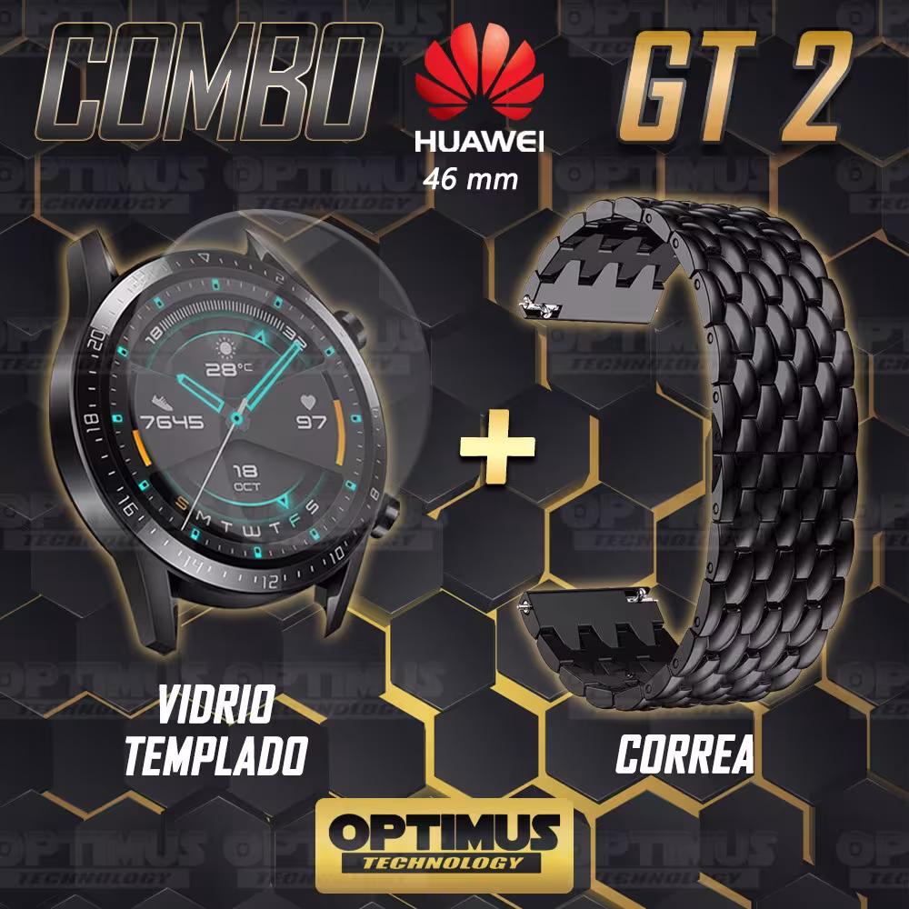 Vidrio Templado Y Correa De Metal Smartwatch Reloj Inteligente Huawei GT2 46mm | OPTIMUS TECHNOLOGY™ | CRR-MT2-VTP-HW-GT2-46 |