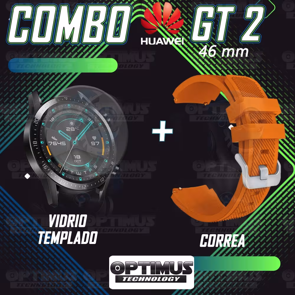 Kit Correa Pulso Manilla de Goma Y Vidrio Templado Huawei Gt 2 46mm | OPTIMUS TECHNOLOGY™ | CRRY-VTP-HW-GT2-46 |