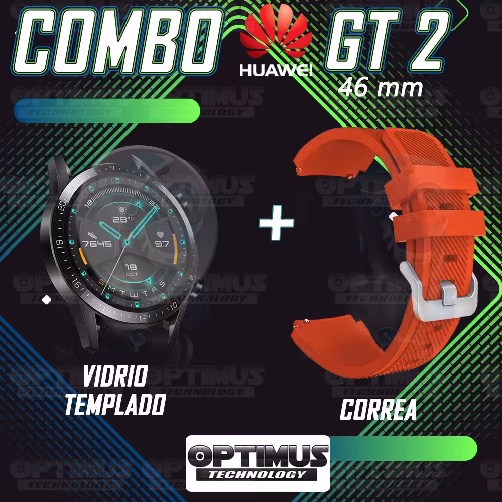 Kit Correa Pulso Manilla de Goma Y Vidrio Templado Huawei Gt 2 46mm | OPTIMUS TECHNOLOGY™ | CRRY-VTP-HW-GT2-46 |