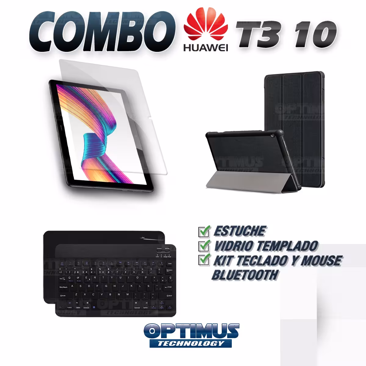 Kit Vidrio templado + Case Forro Protector + Teclado y Mouse Ratón Bluetooth para Tablet Huawei T3-10 OPTIMUS TECHNOLOGY™ - 32