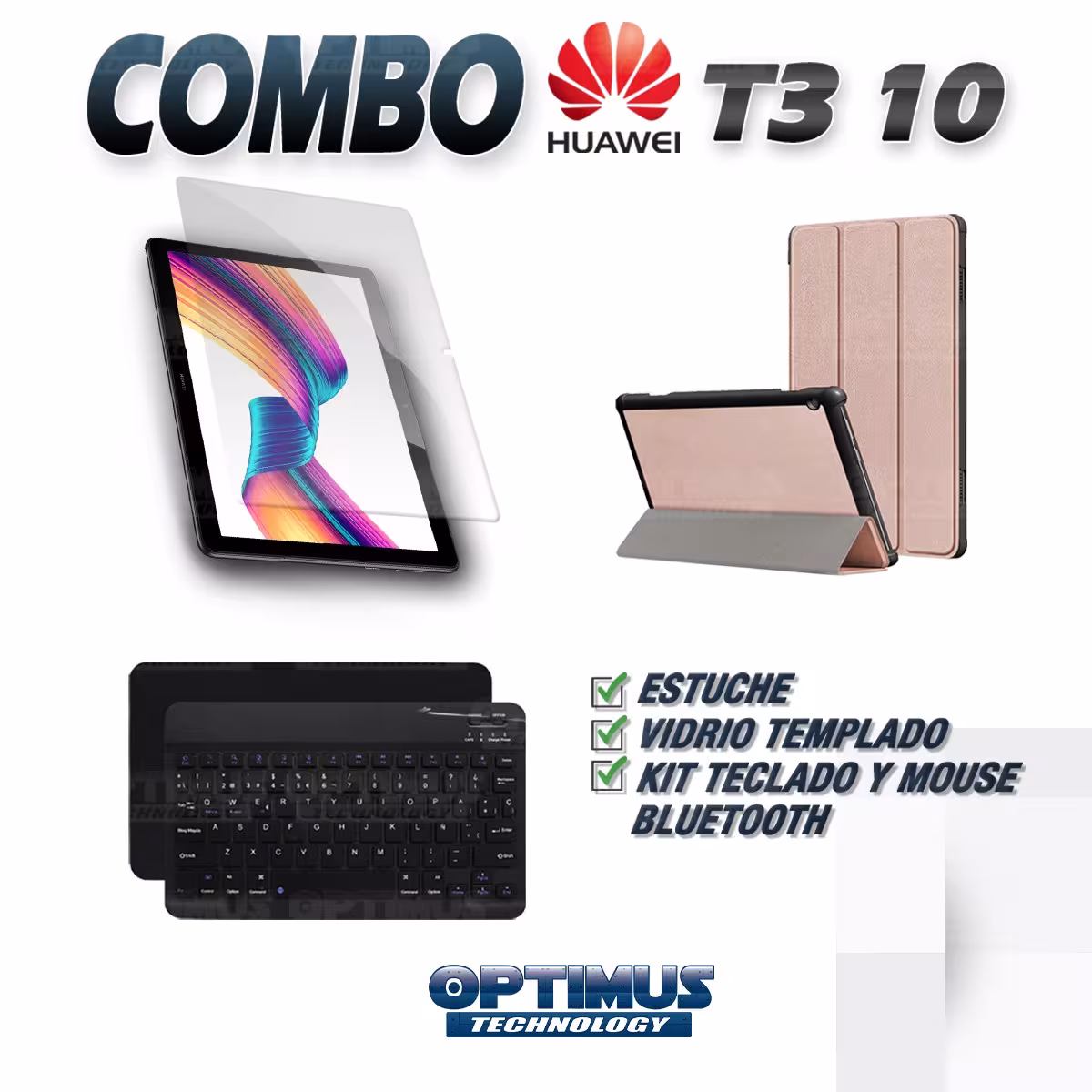 Kit Vidrio templado + Case Forro Protector + Teclado y Mouse Ratón Bluetooth para Tablet Huawei T3-10 OPTIMUS TECHNOLOGY™ - 44