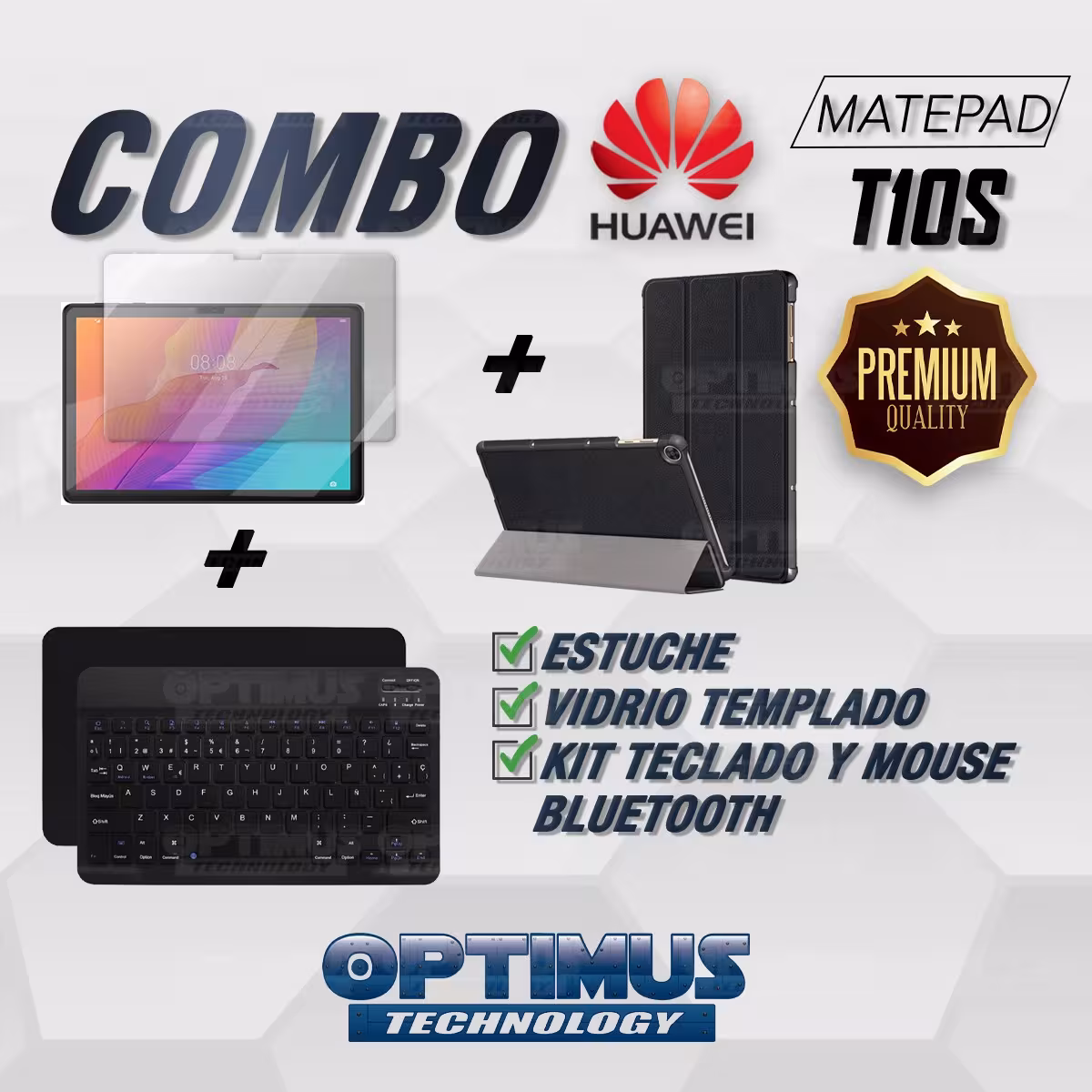 Kit Vidrio templado + Case Forro Protector + Teclado y Mouse Ratón Bluetooth para Tablet Huawei Matepad T10S OPTIMUS TECHNOLOGY™