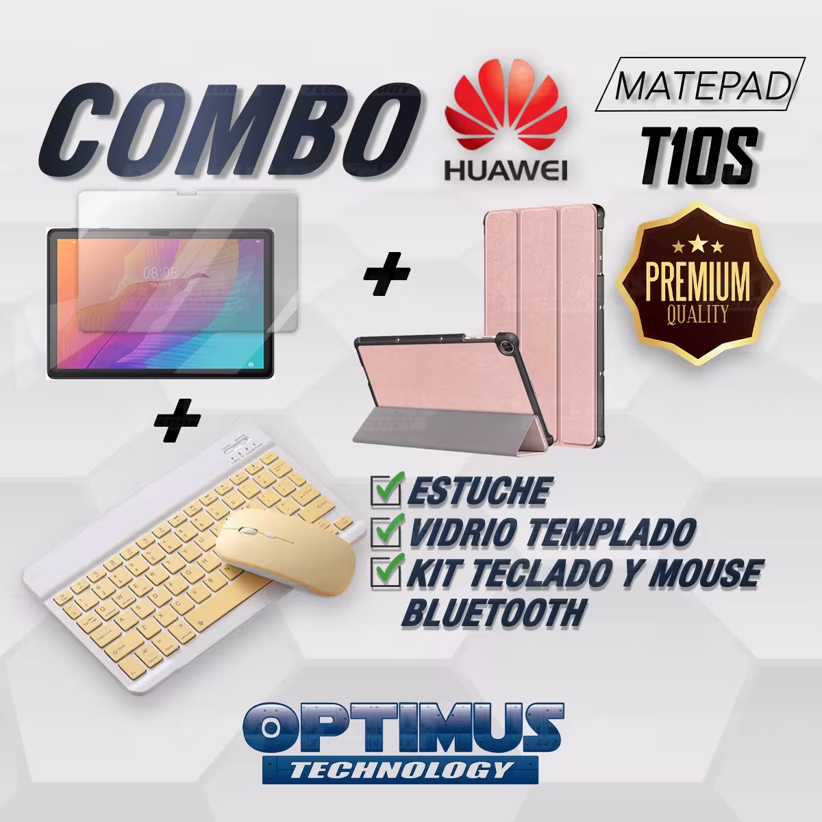Kit Vidrio templado + Case Forro Protector + Teclado y Mouse Ratón Bluetooth para Tablet Huawei Matepad T10S OPTIMUS TECHNOLOGY™