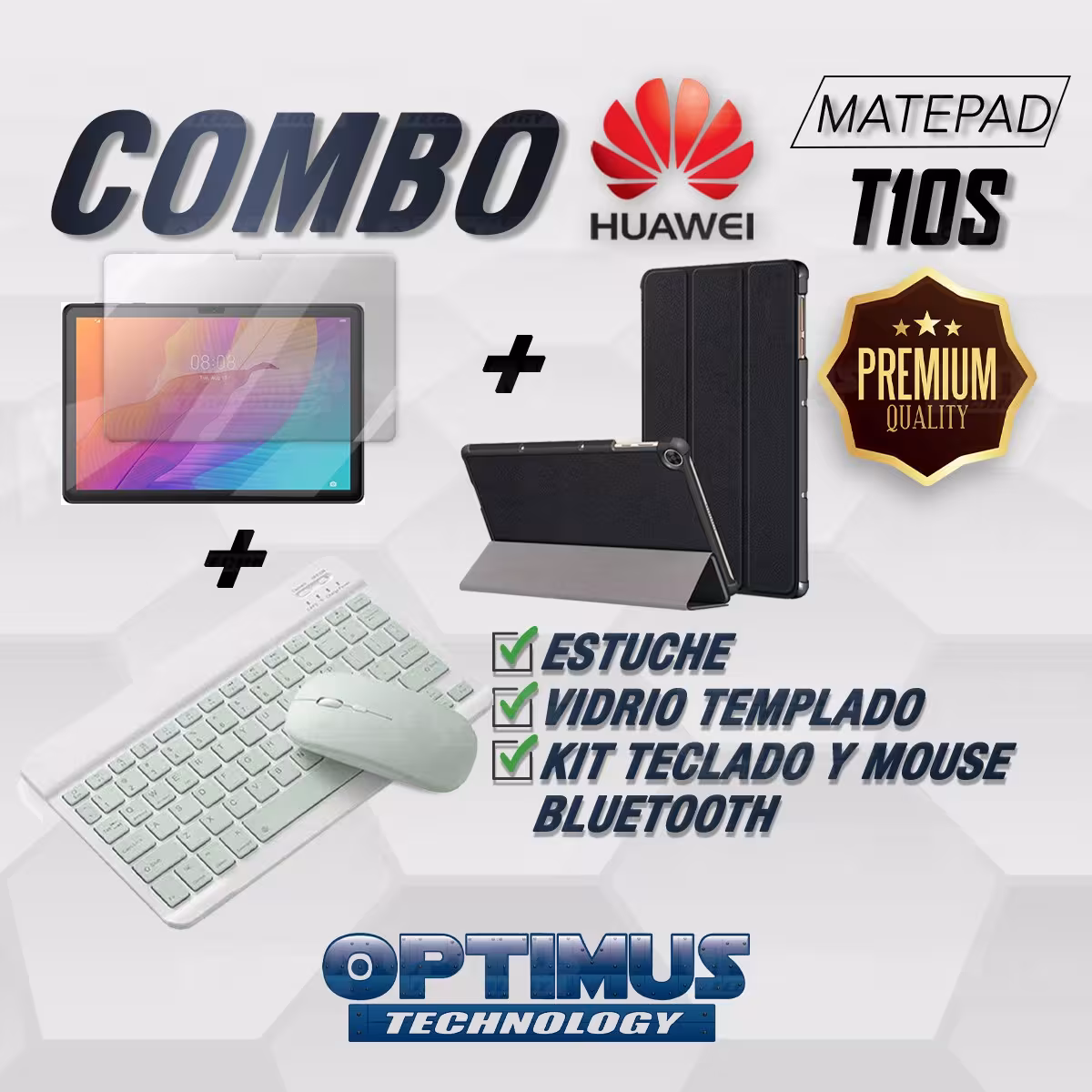 Kit Vidrio templado + Case Forro Protector + Teclado y Mouse Ratón Bluetooth para Tablet Huawei Matepad T10S OPTIMUS TECHNOLOGY™