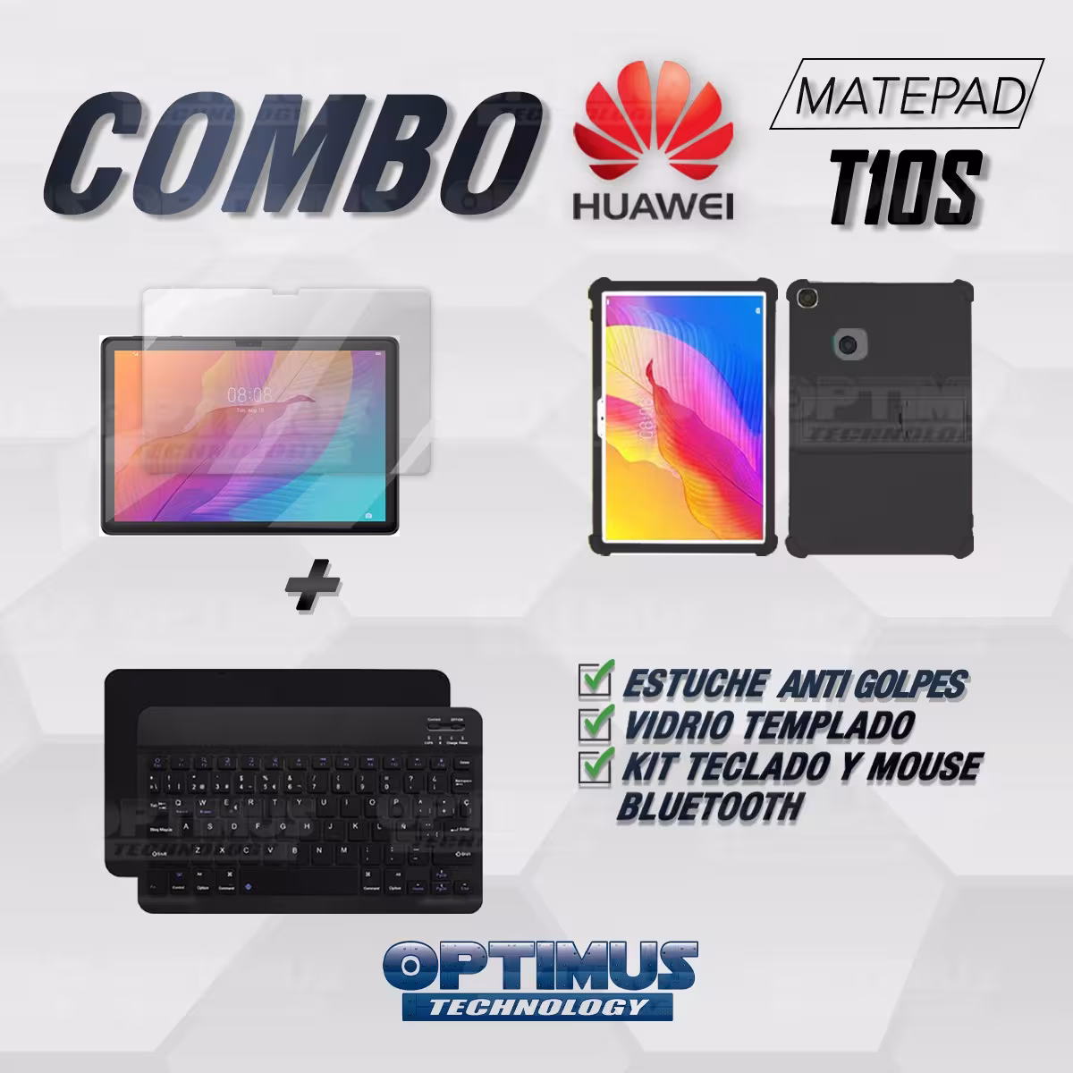 Kit Vidrio templado + Estuche Protector Goma + Teclado y Mouse Ratón Bluetooth para Tablet Huawei matepad T10S OPTIMUS TECHNOLOG