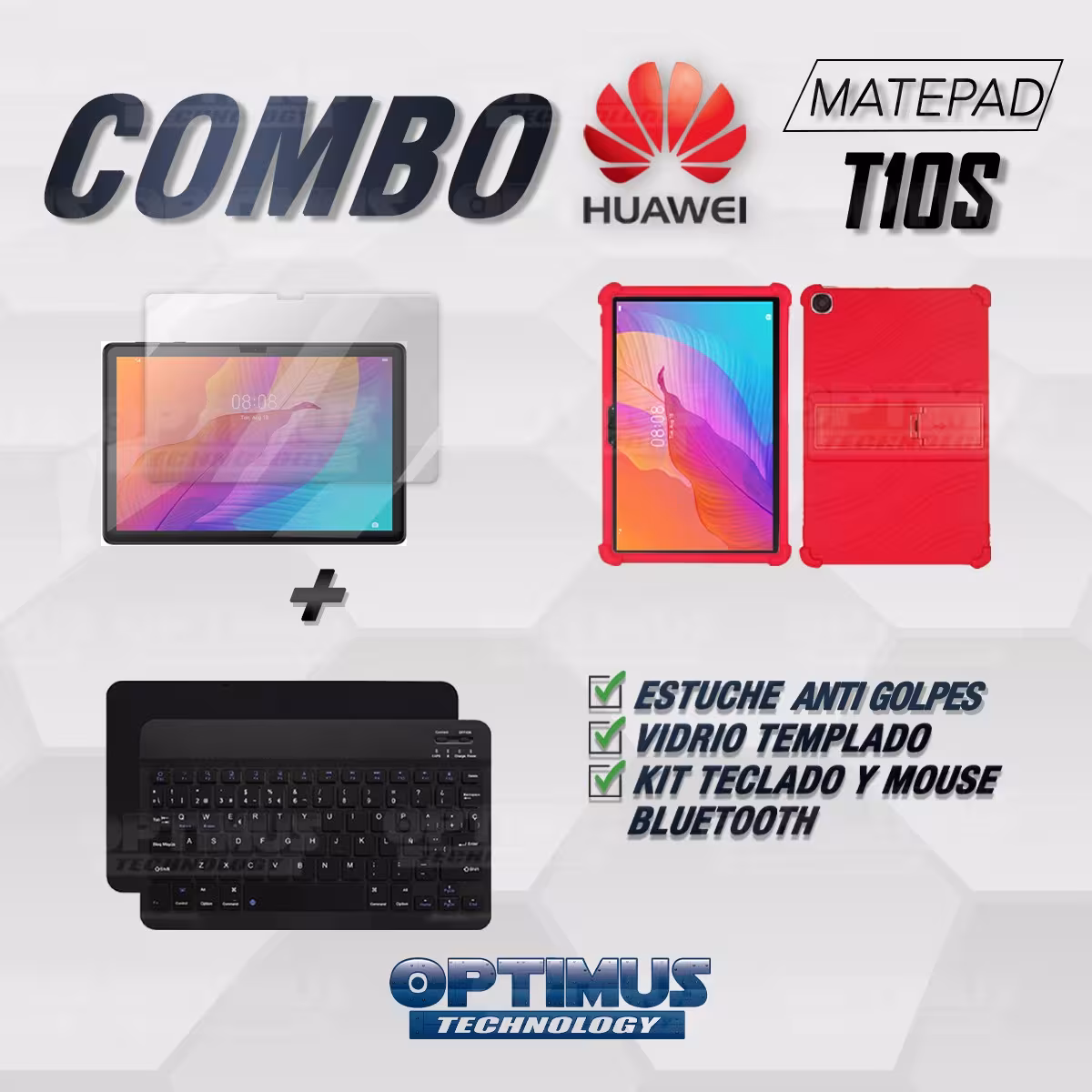 Kit Vidrio templado + Estuche Protector Goma + Teclado y Mouse Ratón Bluetooth para Tablet Huawei matepad T10S OPTIMUS TECHNOLOG