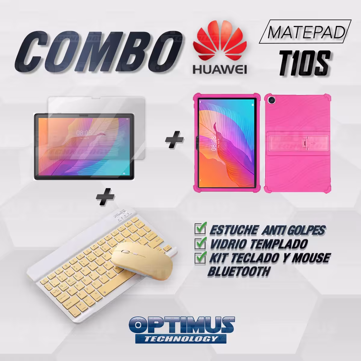 Kit Vidrio templado + Estuche Protector Goma + Teclado y Mouse Ratón Bluetooth para Tablet Huawei matepad T10S OPTIMUS TECHNOLOG