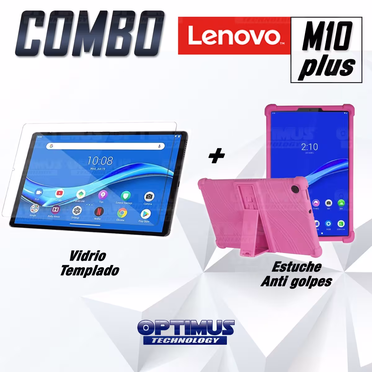 Kit Vidrio templado y Estuche Protector de goma antigolpes con soporte Tablet Lenovo m10 plus tb-x606f OPTIMUS TECHNOLOGY™ - 2