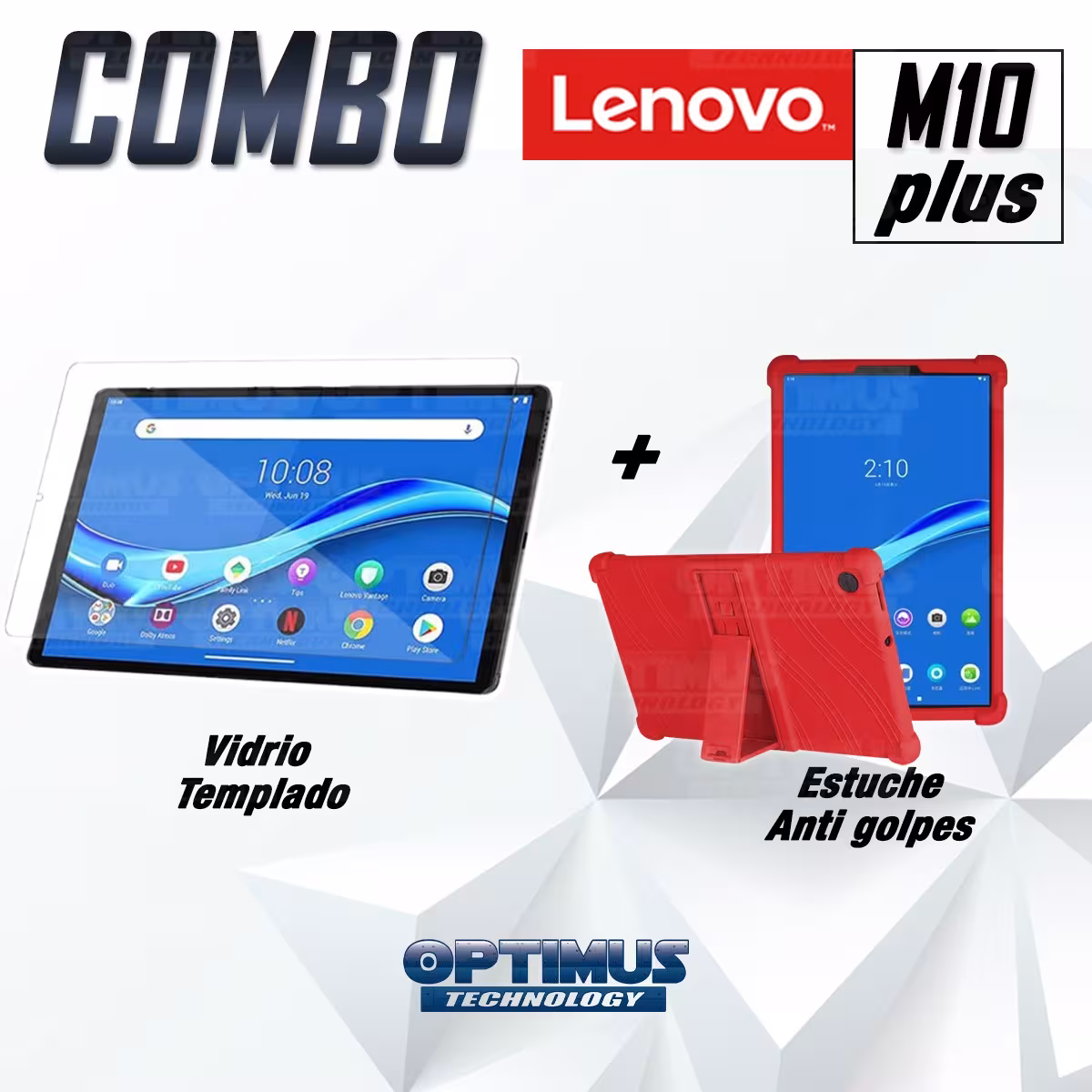 Kit Vidrio templado y Estuche Protector de goma antigolpes con soporte Tablet Lenovo m10 plus tb-x606f OPTIMUS TECHNOLOGY™ - 6