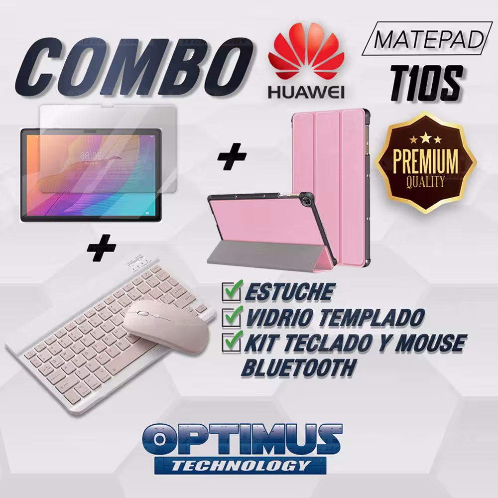 Kit Vidrio templado + Case Forro Protector + Teclado y Mouse Ratón Bluetooth para Tablet Huawei Matepad T10S OPTIMUS TECHNOLOGY™