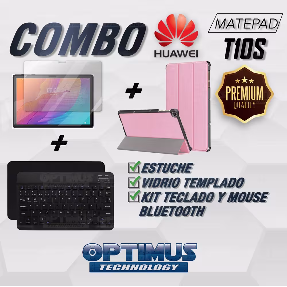 Kit Vidrio templado + Case Forro Protector + Teclado y Mouse Ratón Bluetooth para Tablet Huawei Matepad T10S OPTIMUS TECHNOLOGY™