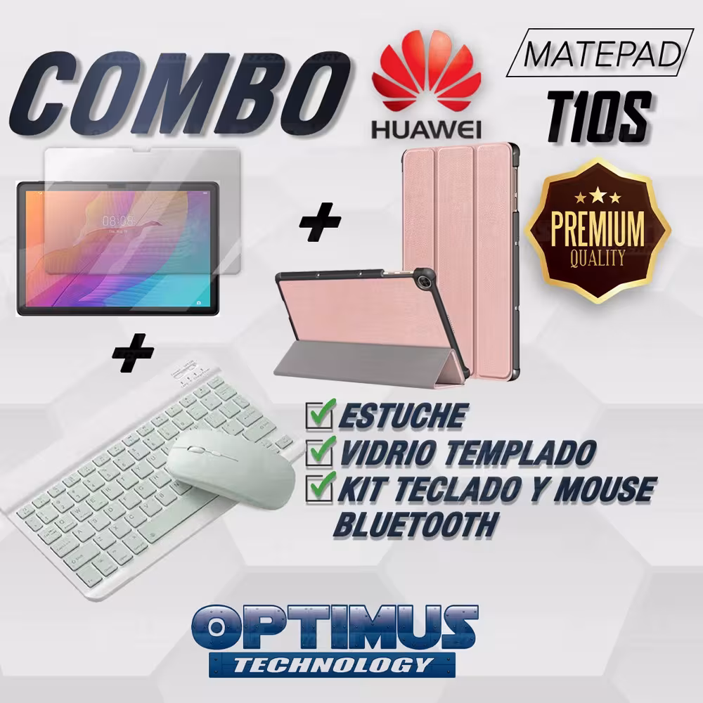 Kit Vidrio templado + Case Forro Protector + Teclado y Mouse Ratón Bluetooth para Tablet Huawei Matepad T10S OPTIMUS TECHNOLOGY™