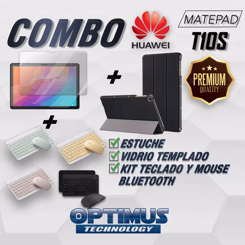Kit Vidrio templado + Case Forro Protector + Teclado y Mouse Ratón Bluetooth para Tablet Huawei Matepad T10S OPTIMUS TECHNOLOGY™