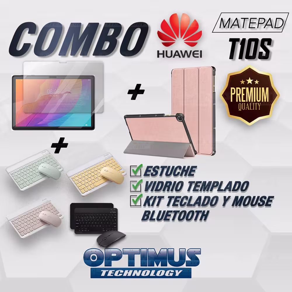 Kit Vidrio templado + Case Forro Protector + Teclado y Mouse Ratón Bluetooth para Tablet Huawei Matepad T10S OPTIMUS TECHNOLOGY™