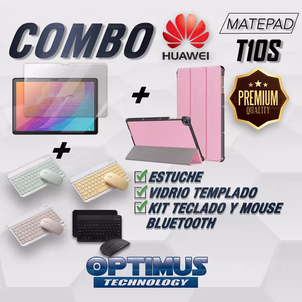 Kit Vidrio templado + Case Forro Protector + Teclado y Mouse Ratón Bluetooth para Tablet Huawei Matepad T10S OPTIMUS TECHNOLOGY™