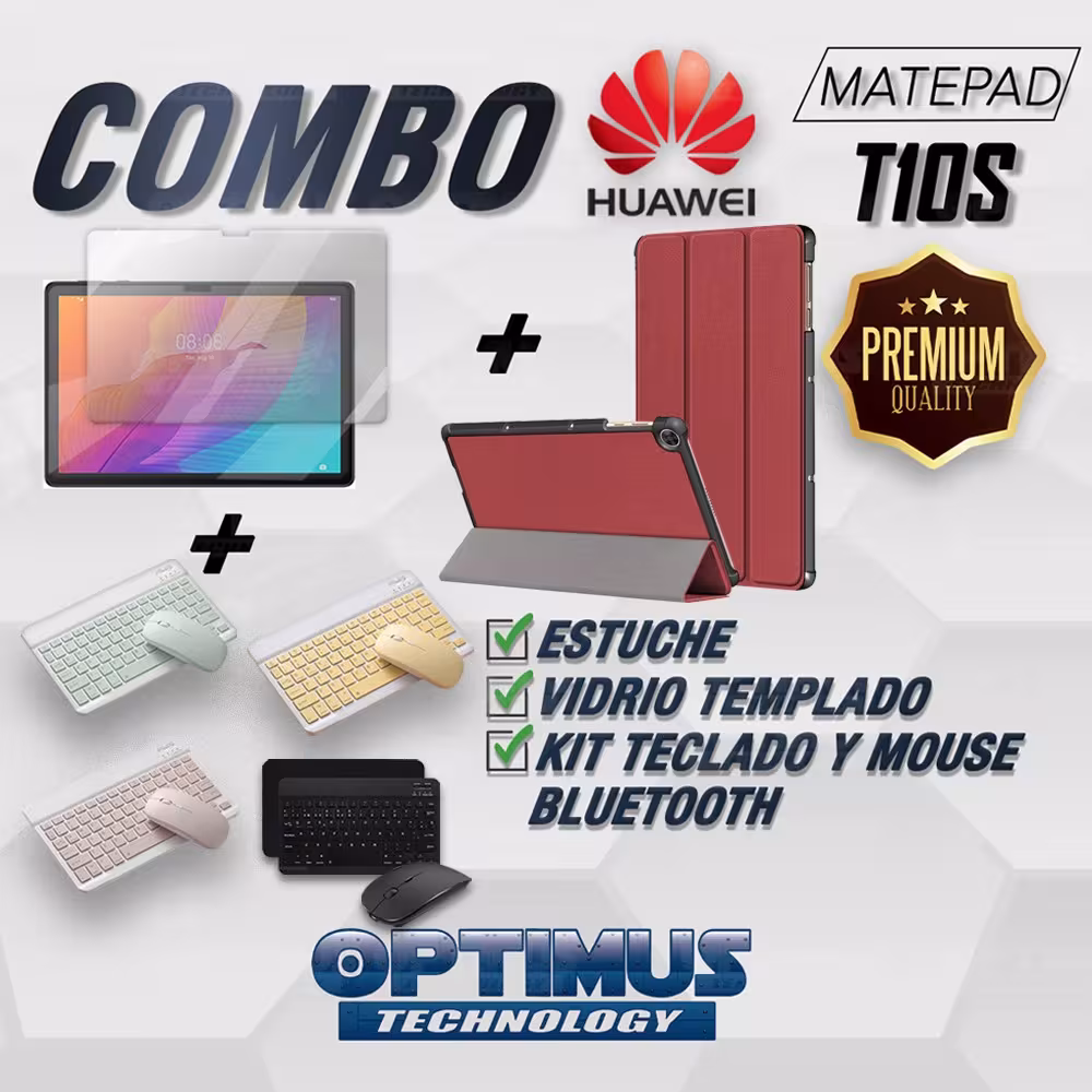 Kit Vidrio templado + Case Forro Protector + Teclado y Mouse Ratón Bluetooth para Tablet Huawei Matepad T10S OPTIMUS TECHNOLOGY™