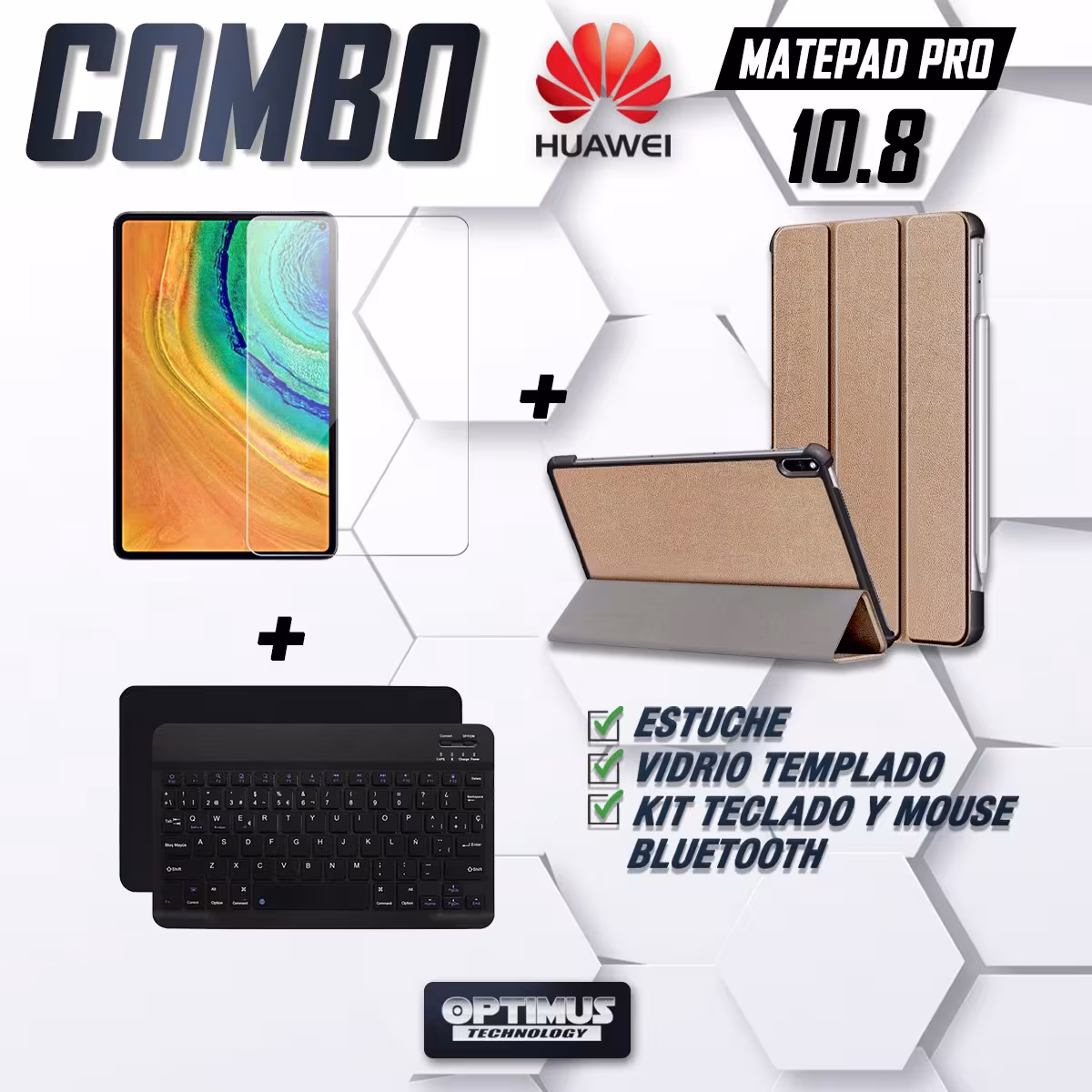Kit Vidrio templado + Case Forro Protector + Teclado y Mouse Ratón Bluetooth para Tablet Huawei Matepad Pro 10.8 OPTIMUS TECHNOL