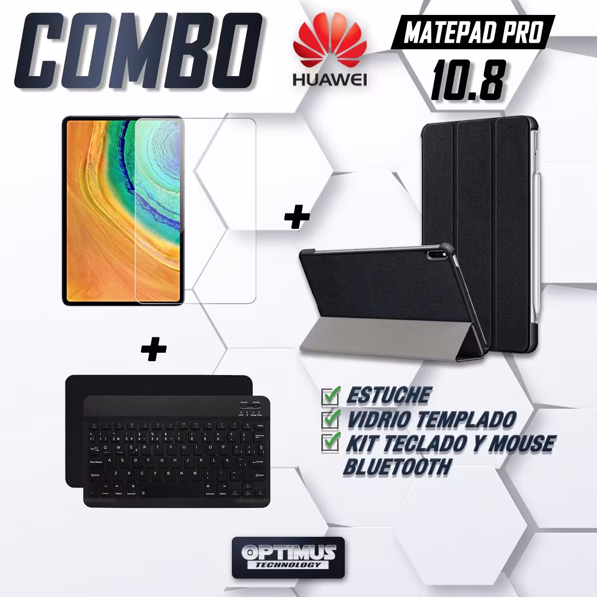 Kit Vidrio templado + Case Forro Protector + Teclado y Mouse Ratón Bluetooth para Tablet Huawei Matepad Pro 10.8 OPTIMUS TECHNOL