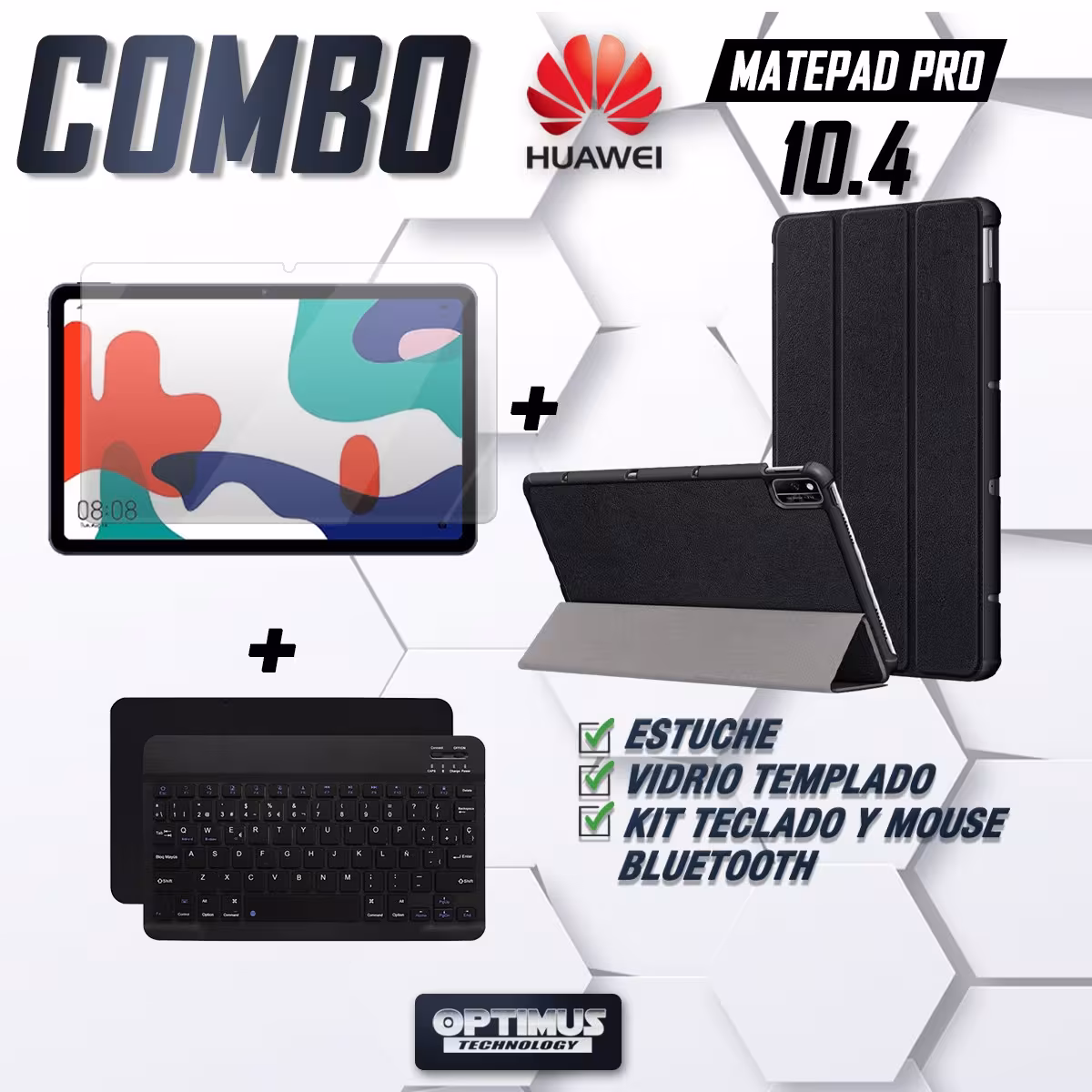 Kit Vidrio templado + Case Forro Protector + Teclado y Mouse Ratón Bluetooth para Tablet Huawei Matepad 10.4 OPTIMUS TECHNOLOGY™
