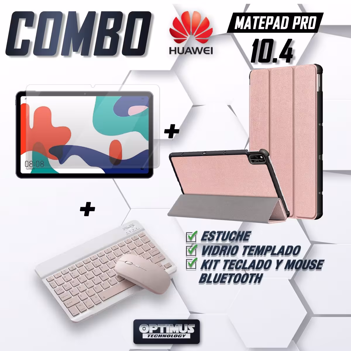 Kit Vidrio templado + Case Forro Protector + Teclado y Mouse Ratón Bluetooth para Tablet Huawei Matepad 10.4 OPTIMUS TECHNOLOGY™